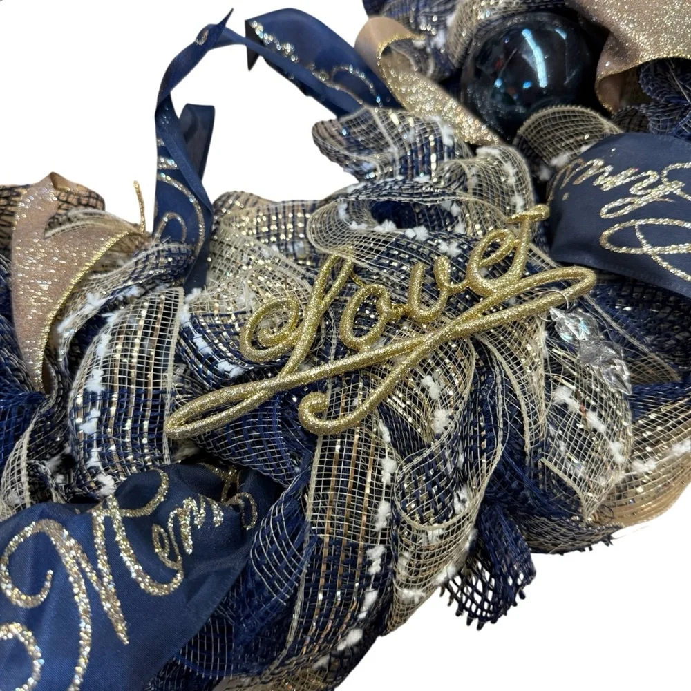 Handmade Navy & Gold Holiday Mesh Wreath Hope, Faith, Love Glitter Accents 23
